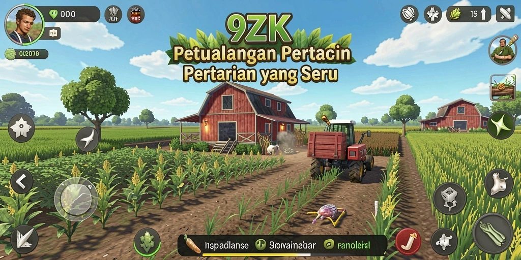 Screenshot utama <strong>9ZK</strong> menunjukkan antarmuka pertanian yang cerah dan interaktif.