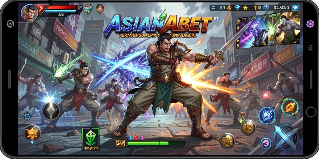 Screenshot menunjukkan karakter bertarung di arena penuh warna.