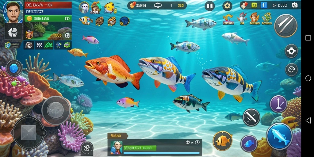 Tampilan gameplay menarik dari DELTA575 dengan ikan berwarna-warni.