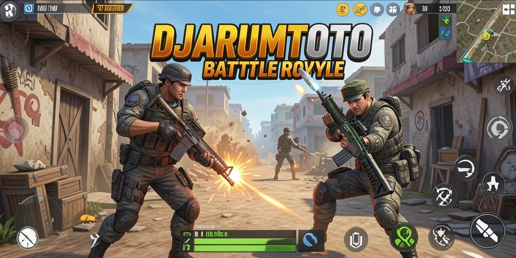 Tangkapan layar gameplay DJARUMTOTO menampilkan aksi pertempuran Battle Royale yang mendebarkan.