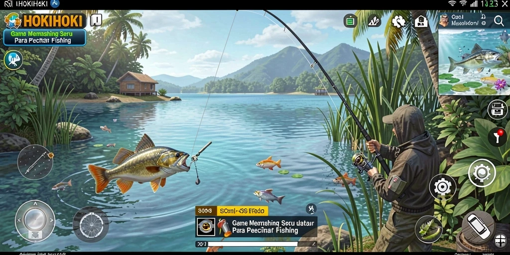 Screenshot HOKIHOKI menampilkan aksi memancing yang seru di lokasi indah.