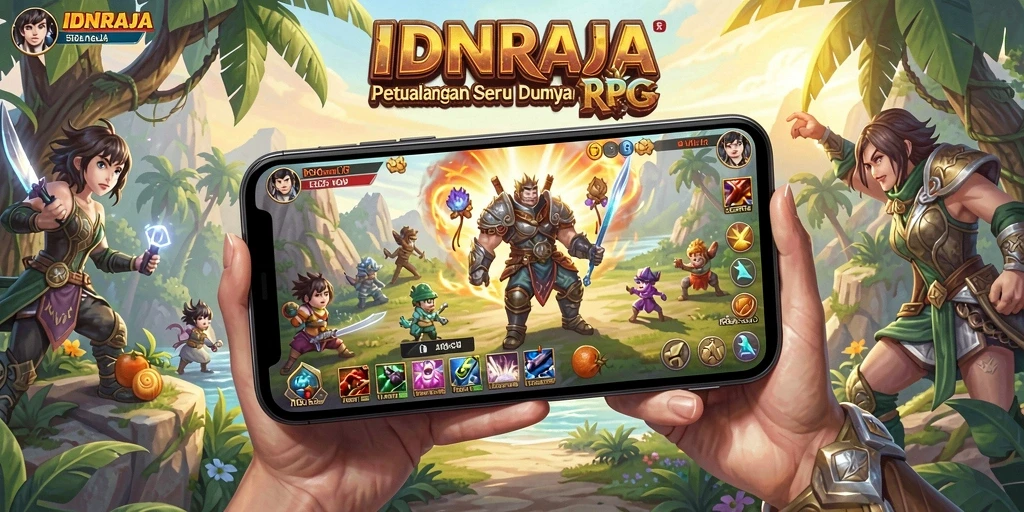 Tangkapan layar utama IDNRAJA menampilkan aksi seru dalam pertempuran RPG.