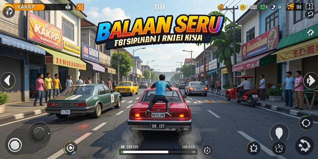 Screenshot gameplay KAKRP menampilkan balapan seru di jalanan kota.