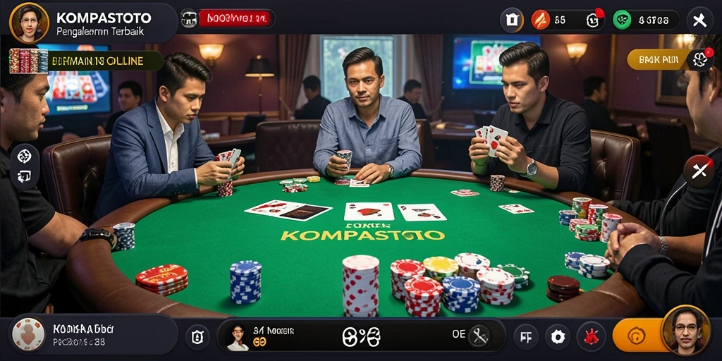 Gameplay poker yang menarik di KOMPASTOTO, menampilkan pemain bersaing di meja virtual.