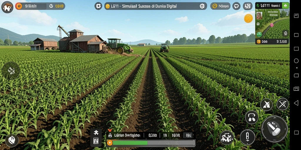 Tampilan gameplay LG111 yang menampilkan kebun yang subur dan beragam aktivitas bertani.