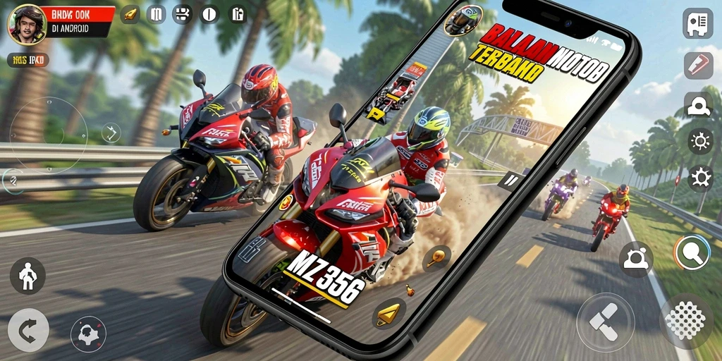 Screenshot MZ356 menampilkan aksi balapan motor yang mendebarkan.