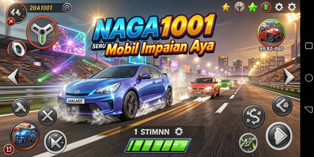 Tangkapan layar gameplay NAGA1001 menampilkan balapan mendebarkan dan mobil yang keren.