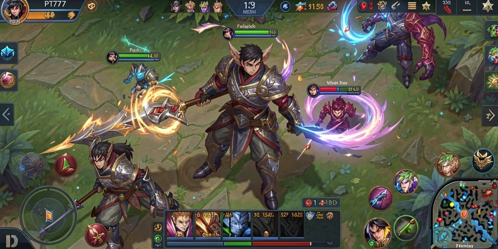 Screenshot gameplay PT777 menampilkan pertarungan seru dalam mode MOBA.