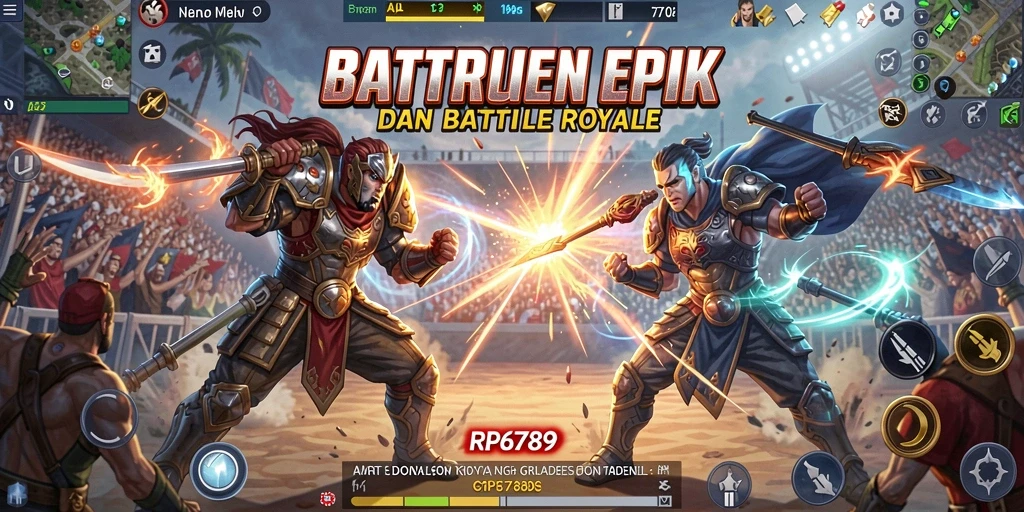 Tangkapan layar utama RP6789 menunjukkan aksi seru di medan perang Battle Royale.