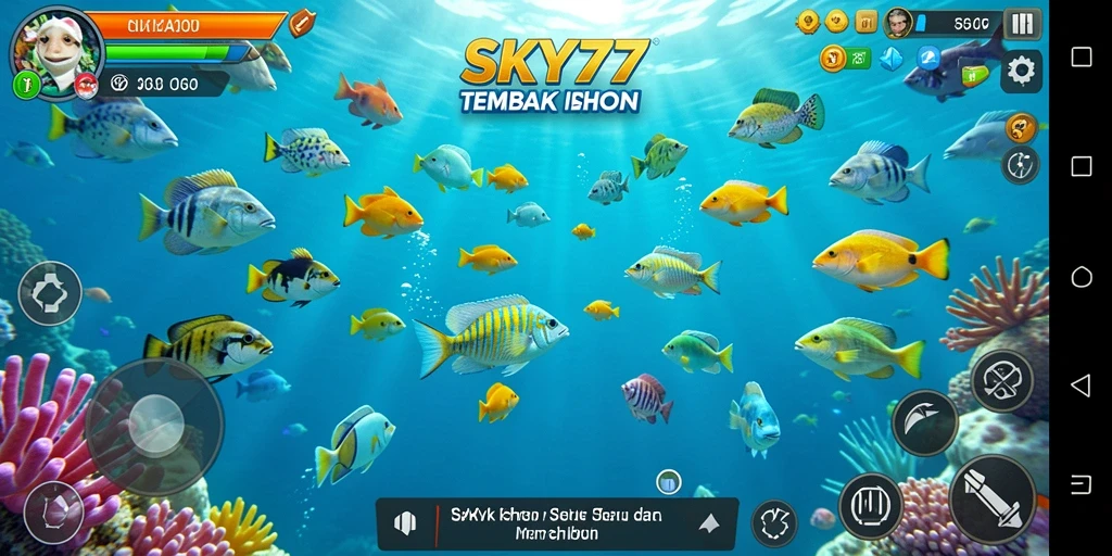 Tangkapan layar dari gameplay <strong>SKY77</strong> menunjukkan aksi menembak ikan yang seru.