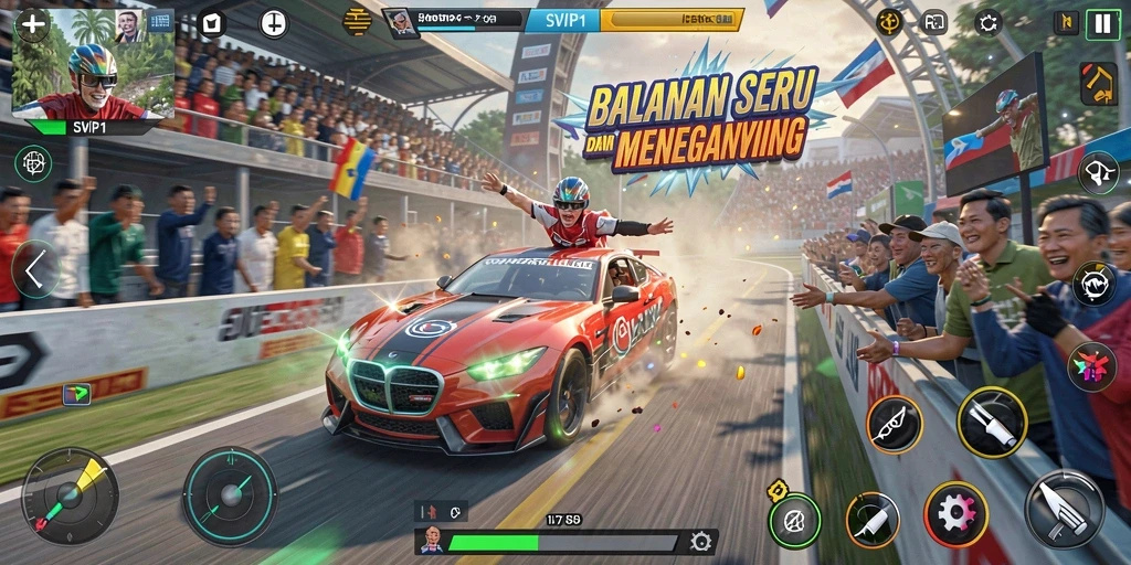 Tampilan gameplay menegangkan di SVIP1 dengan mobil balap yang memukau.