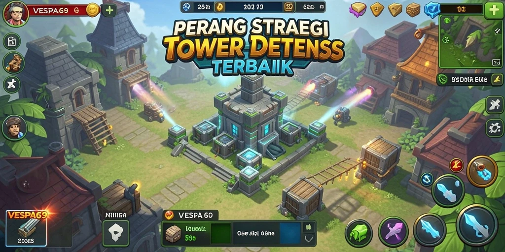 Tangkapan layar gameplay VESPA69 menampilkan aksi Tower Defense yang seru.