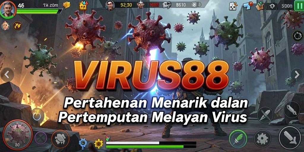 Tampilan gameplay menarik dari VIRUS88 yang menampilkan pertahanan melawan virus.