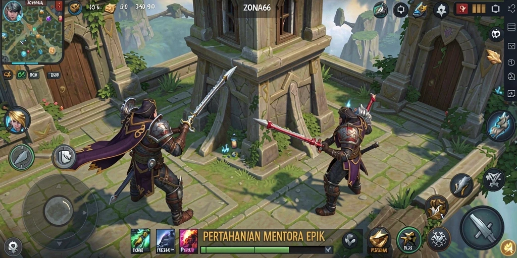 Tangkapan layar utama ZONA66 menunjukkan aksi menara pertahanan yang mendebarkan.